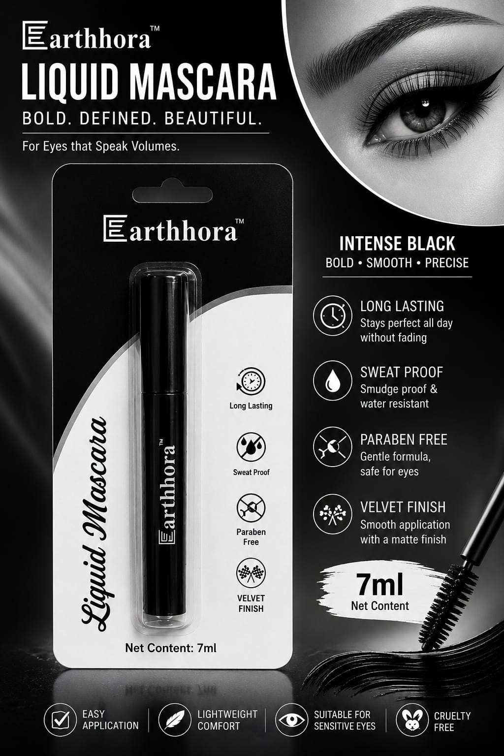 Earthhora Liquid Mascara | Intense Black | Long Lasting | Sweat Proof | Volumizing & Defining | 7ml