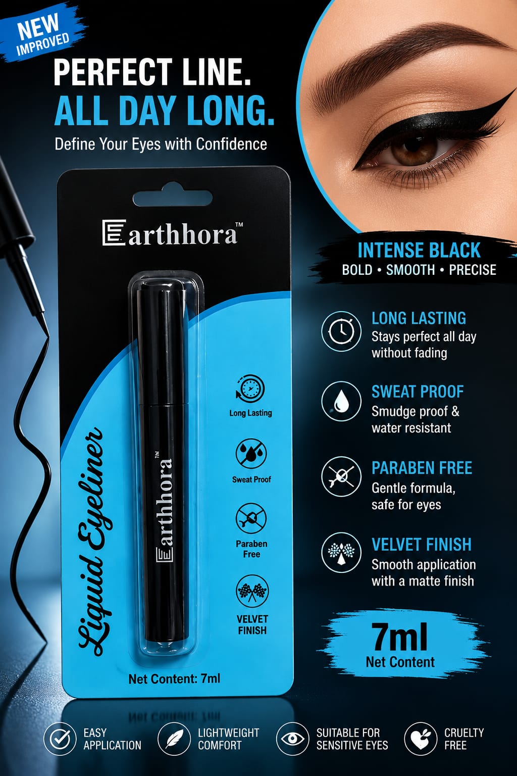 Earthhora Liquid Eyeliner | Intense Black | Long Lasting, Sweat Proof & Smudge Resistant | 7ml